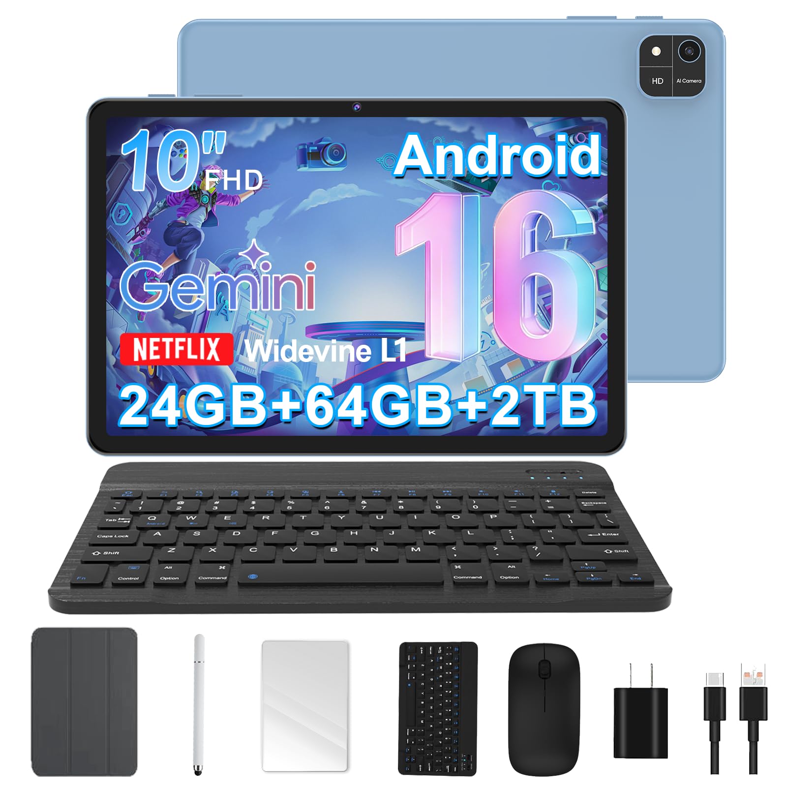 Android 16 Tablet 10 Inch Octa-Core 24GB RAM 64GB ROM 2TB Expand with Keyboard
